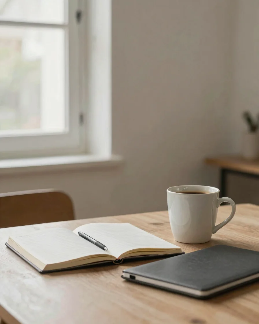 Fotografia editorial de um espaço de escrita com caderno aberto, xícara de café e notebook fechado ao lado, luz natural